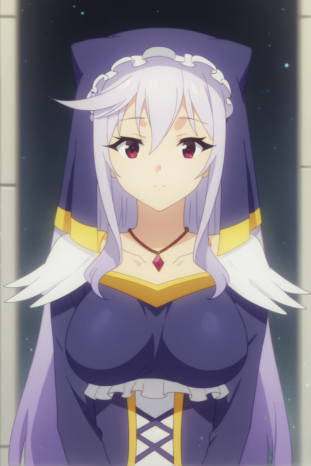 <lora:Tifa_LockhartV2:0.8>, 1girl, solo, long hair, breasts, looking at viewer, dress, closed mouth, jewelry, upper body, frills, necklace, expressionless, veil, nun, habit