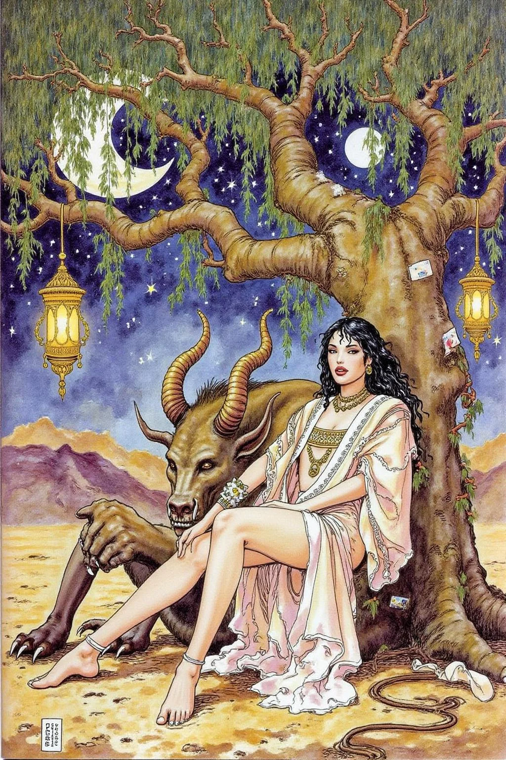 itacomic1 illustration. a scene from Arabian Nights, rendered in intricate, colorful detail. A beautiful woman and a sleeping demon. The woman sits gracefully under a sprawling tree with lush, curving branches and hanging vines. She has striking, almond-shaped eyes, dark flowing hair, and wears elegant traditional attire with ornate jewelry that glimmers softly under the moonlight. Her expression is calm and serene as she gazes thoughtfully into the distance. Resting his head gently on her lap is a large demon with a powerful, otherworldly presence. The demon, though fearsome in size, appears vulnerable as he lies beside her. His skin has a muted, earthy tone, and his features--sharp and beastly--are softened by a look of weary contentment. His claws are retracted, and he exudes a mixture of strength and peace in her presence. The tree's twisted branches arc above them, framing the scene like a natural canopy. Golden lamps hang from the tree, casting warm, soft light, illuminating the two figures in a magical glow. The background is a deep, starry night, with hints of distant desert dunes and a crescent moon overhead, creating an enchanting and mystical ambiance that draws the viewer into this world of fantasy and myth. <lora:itacomic_mima_fl_d4a2e8:1.0><lora:800585061058660993:0>
