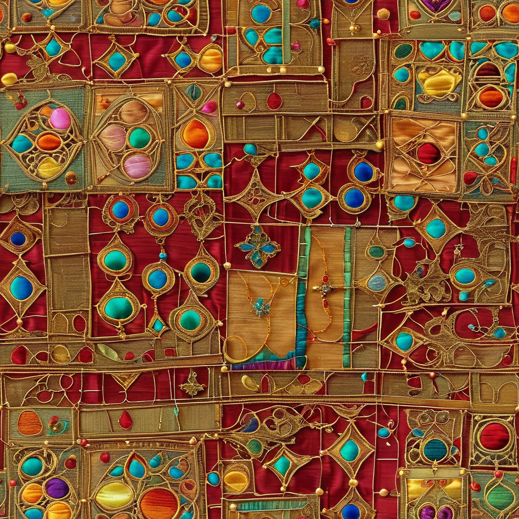 texture flat texture, fabric squares, flat colors, lace, <lora:tbh330-sdxl:1> style of James C. Christensen, flourishes <lora:Silk_Thread_and_Buttons_srtyle_-_SDXL:1> made out of, silk, thread, boho, mirror symmetry, top down close-up