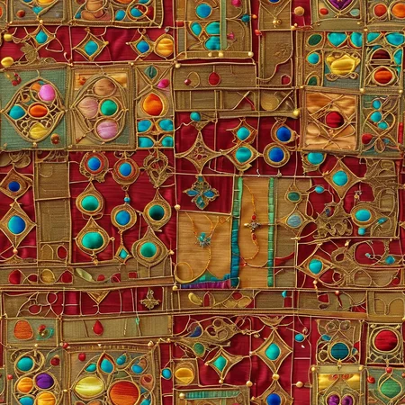 texture flat texture, fabric squares, flat colors, lace, <lora:tbh330-sdxl:1> style of James C. Christensen, flourishes <lora:Silk_Thread_and_Buttons_srtyle_-_SDXL:1> made out of, silk, thread, boho, mirror symmetry, top down close-up