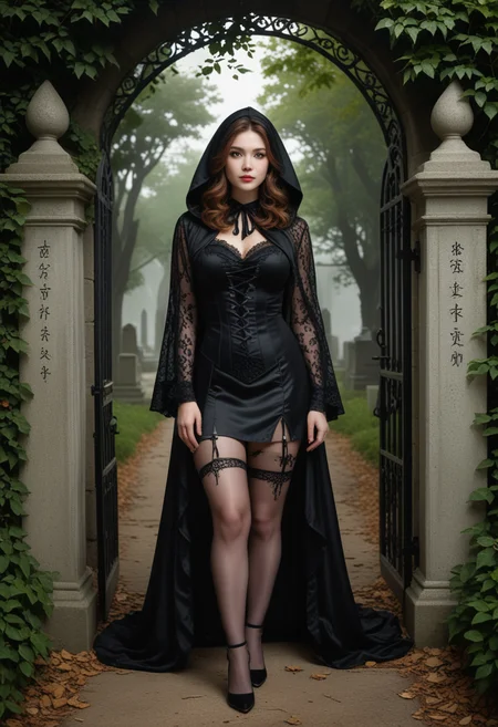 (medium full shot) of man, (desirable witch) young woman, korean, dark brown eyes, pale skin, tan skin, hazel eyes, full-figured build, hazel hair, wearing black lace blouse, satin skirt, hooded cowl, sheer stockings, stilettos, holding a spellbook, set in Graveyard Entrance, Wrought iron gates flanked by stone pillars, overgrown ivy creeping up the sides, a gravel path leading into the depths, and tall, ancient trees casting eerie shadows , at night, woman smiling at the viewer, Masterpiece,best quality, photo, realistic, very aesthetic, detailed face,