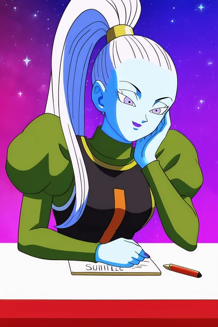 source_anime, score_9, score_8_up, score_7_up, anime screencap,8k, absurd res,
vados \(dragon ball\), hair pulled back, high ponytail, 1girl, solo, very long hair, smile, long sleeves, purple eyes, white hair, puffy sleeves, makeup, colored skin, lipstick, head rest, blue skin, pen, purple lips, writing, black dress, hand on own cheek, eyelashes, fingernails, gold trim, green topwear, juliet sleeves, looking down, neck ring, print dress, sleeveless dress, turtleneck, undershirt, star \(sky\), moonlight,
<lora:vados_pony_v1:0.8>