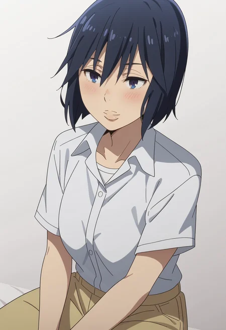 score_9, score_8_up, score_7_up, source_anime, BREAK white background, 1girl, solo,  <lora:DX888Sachiko:1> fujinuma sachiko, mature female, blue hair,  bob cut,  collared shirt, shy. blush, light smile,  dutch angle,  sitting,