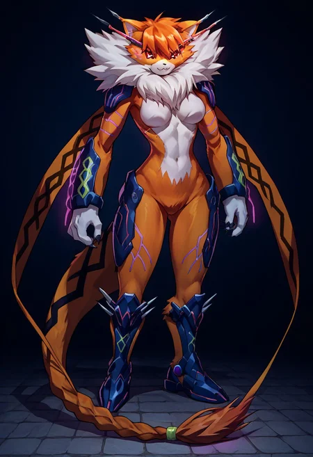 score_9, score_8_up, score_7_up, source_anime, solo, 1girl, Meicrackmon_(Vicious Mode, orange fur, orange hair, white fur, red eyes with white "X"-shaped pupils, orange scarf-like appendages, braided tail and stinger at end of tail, black armor like pads on shoulders, thighs, hands, and feet, armor has purple neon-like lights, and it also has light purple neon-like lights on forearms and thighs, full body, seduction, horny