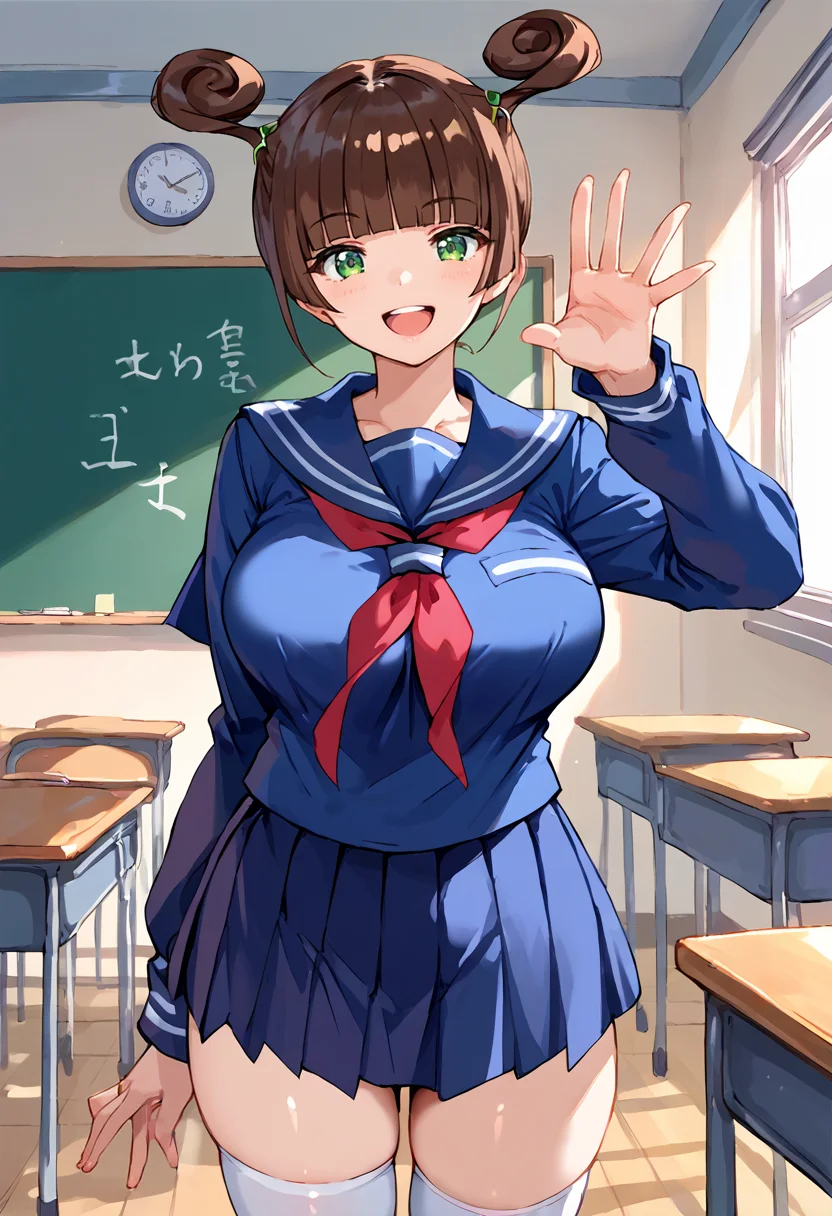 score_9, score_8_up, score_7_up, source_anime BREAK 1girl, solo, stgl_june, cowboy shot, school uniform, serafuku, thighhighs, large breasts, brown hair, twintails, blunt bangs, hair ring, green eyes, looking at you, smile, open mouth, waving hand, classroom <lora:stgl_june:1>