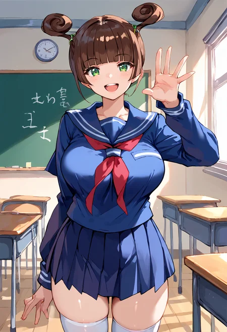 score_9, score_8_up, score_7_up, source_anime BREAK 1girl, solo, stgl_june, cowboy shot, school uniform, serafuku, thighhighs, large breasts, brown hair, twintails, blunt bangs, hair ring, green eyes, looking at you, smile, open mouth, waving hand, classroom <lora:stgl_june:1>