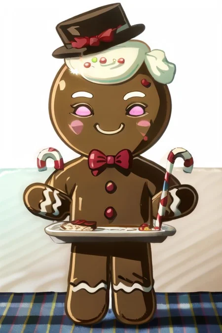 OverallDetail, male, solo, Gingerbread_Man, made of gingerbread, food focus, no humans, food creature, living cookie, frosting, frosting hair, (head tuft:1.2), blush stickers, plate, table, tablecloth, on table, walking, tiny, curly hair, bow tie, tailcoat, long sleeves, formal wear, top hat, candy cane, masterpiece, extreme detail, candy, simple face, dot eyes, high-angle view, standing, inside, kitchen, looking at viewer, smile, half-closed eyes smug, cute, chibi