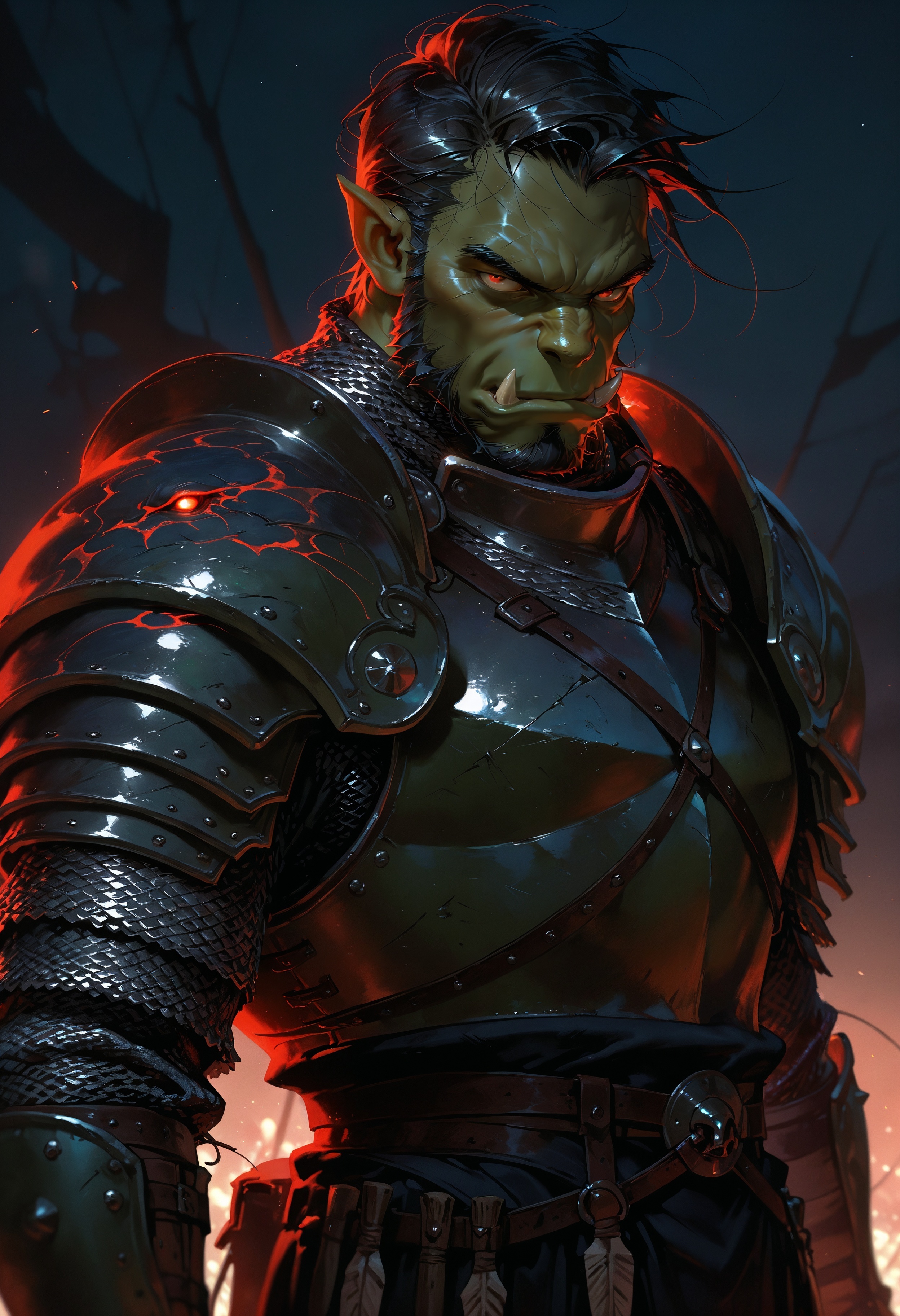 <lora:ILLMythP0rtr4itStyle:1> mythp0rt,
1boy, solo, male focus, mature male, orc, green skin, tusks, red eyes, short hair, black hair, looking at viewer, armor, shoulder armor, breastplate, pauldrons, chainmail, upper body, closed mouth, standing, outdoors, night, night sky, dark background, dynamic angle, masterpiece, best quality, amazing quality, intricate detail, highly detailed, absurdres,