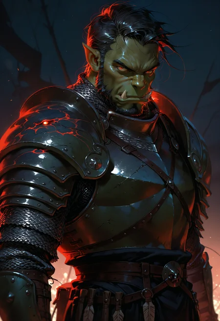 <lora:ILLMythP0rtr4itStyle:1> mythp0rt,
1boy, solo, male focus, mature male, orc, green skin, tusks, red eyes, short hair, black hair, looking at viewer, armor, shoulder armor, breastplate, pauldrons, chainmail, upper body, closed mouth, standing, outdoors, night, night sky, dark background, dynamic angle, masterpiece, best quality, amazing quality, intricate detail, highly detailed, absurdres,