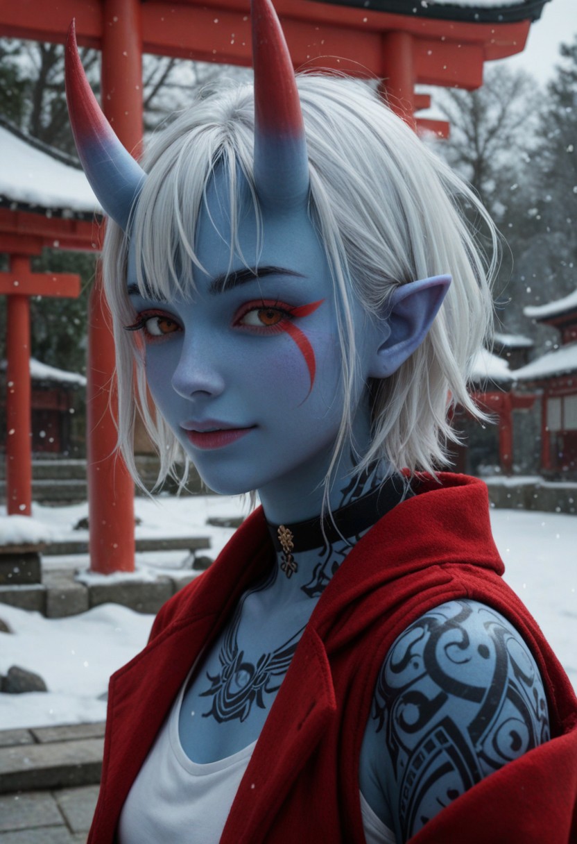 score_9_up, score_8_up, score_7_up, score_6_up, 1girl, solo, 25 years old, perfect face, (adult:1.2), sexy, 
detailed face, blush, shy smile, portrait, face focus, depth of field, looking at viewer, close up,  
red eyes, white hair, short hair, messy hair, crossed bangs, hair between eye, pointy ears, black choker, (blue skin:1.4), (oni:1.4), blue oni, facial tattoo, tattoos, 
white crop top, tank top,
red coat, fur-trimmed coat, 
outside, snow, snowing, new year, east asian architecture, shrine, pagoda, torii, side view,