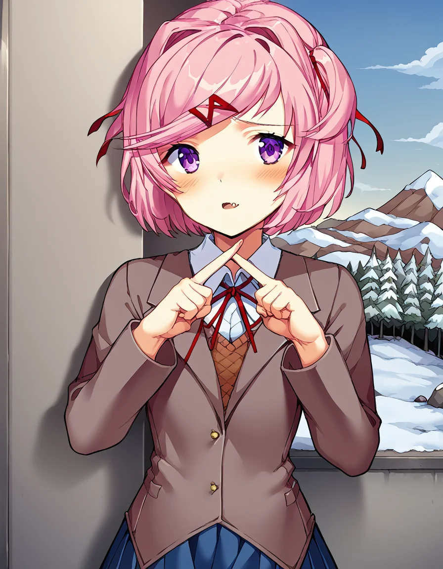 score_9, score_8_up, score_7_up, source_anime, <lora:ddlc-natsuki-ingame-ponyxl-lora-nochekaiser:1>, natsuki, fang, hair ornament, pink hair, purple eyes, short hair, short sidetail, swept bangs, x hair ornament,, blazer, blue skirt, brown jacket, collared shirt, jacket, long sleeves, miniskirt, neck ribbon, pleated skirt, red ribbon, ribbon, school uniform, shirt, skirt, swept bangs, vest, white shirt, wing collar,, mountain, rock, height, snow, trees, , <lora:x-fingers-ponyxl-lora-nochekaiser:1>, x fingers, blush, parted lips,, looking at viewer, solo,, dutch angle, cowboy shot