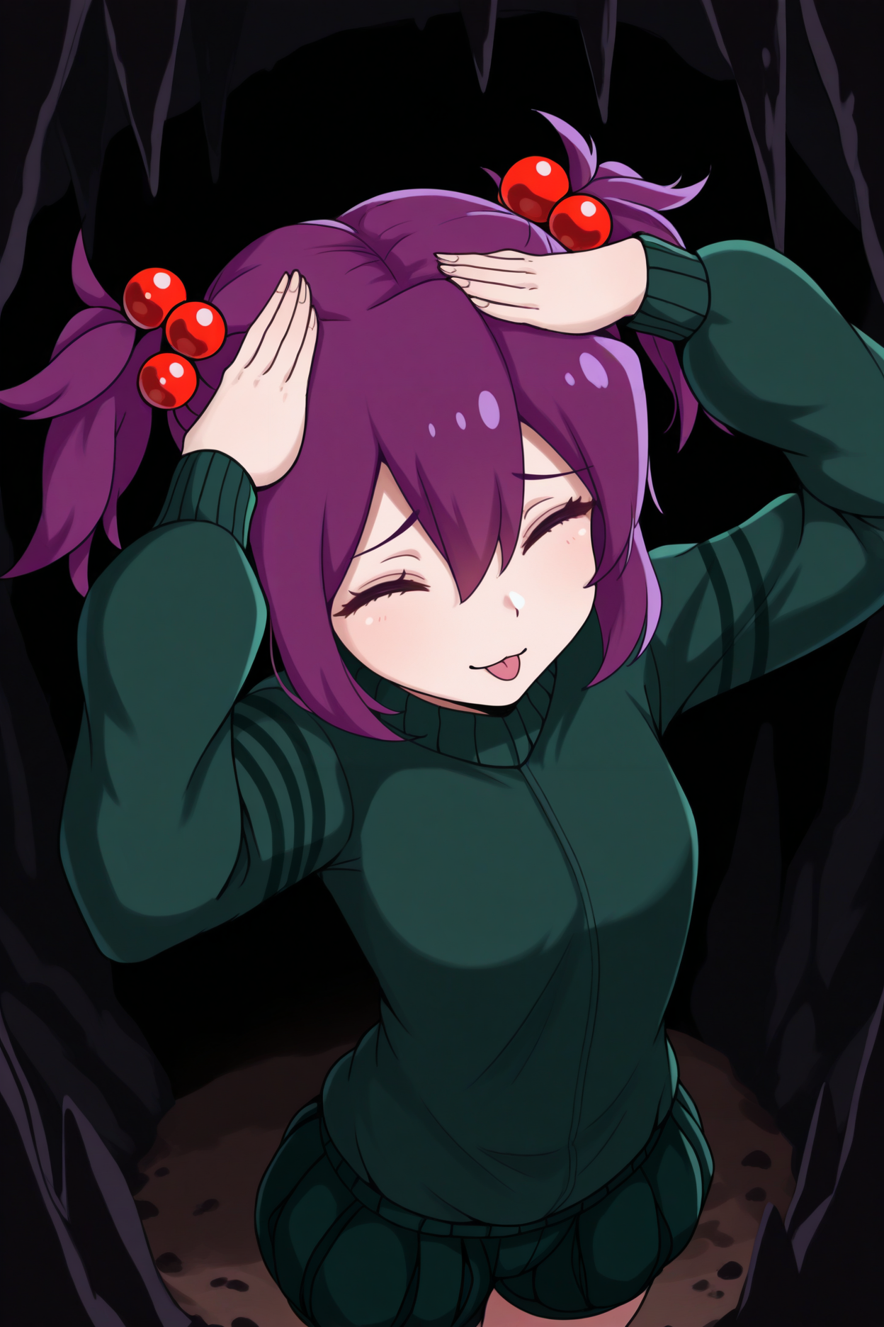 masterpiece, best quality, 1girl, solo, <lora:cavespider-illu-nvwls-v1-000005:1> mtcs, purple hair, short twintails, hair bobbles, green sweater, green shorts, short shorts, upper body,  <lora:AhEtoBlehMeme_illusXLNoobAI_Incrs_v1:1> AhEtoBlehMeme, closed eyes, tongue out, :p, hands on own head, smile, cave, stalagmite, black background, dark, from above