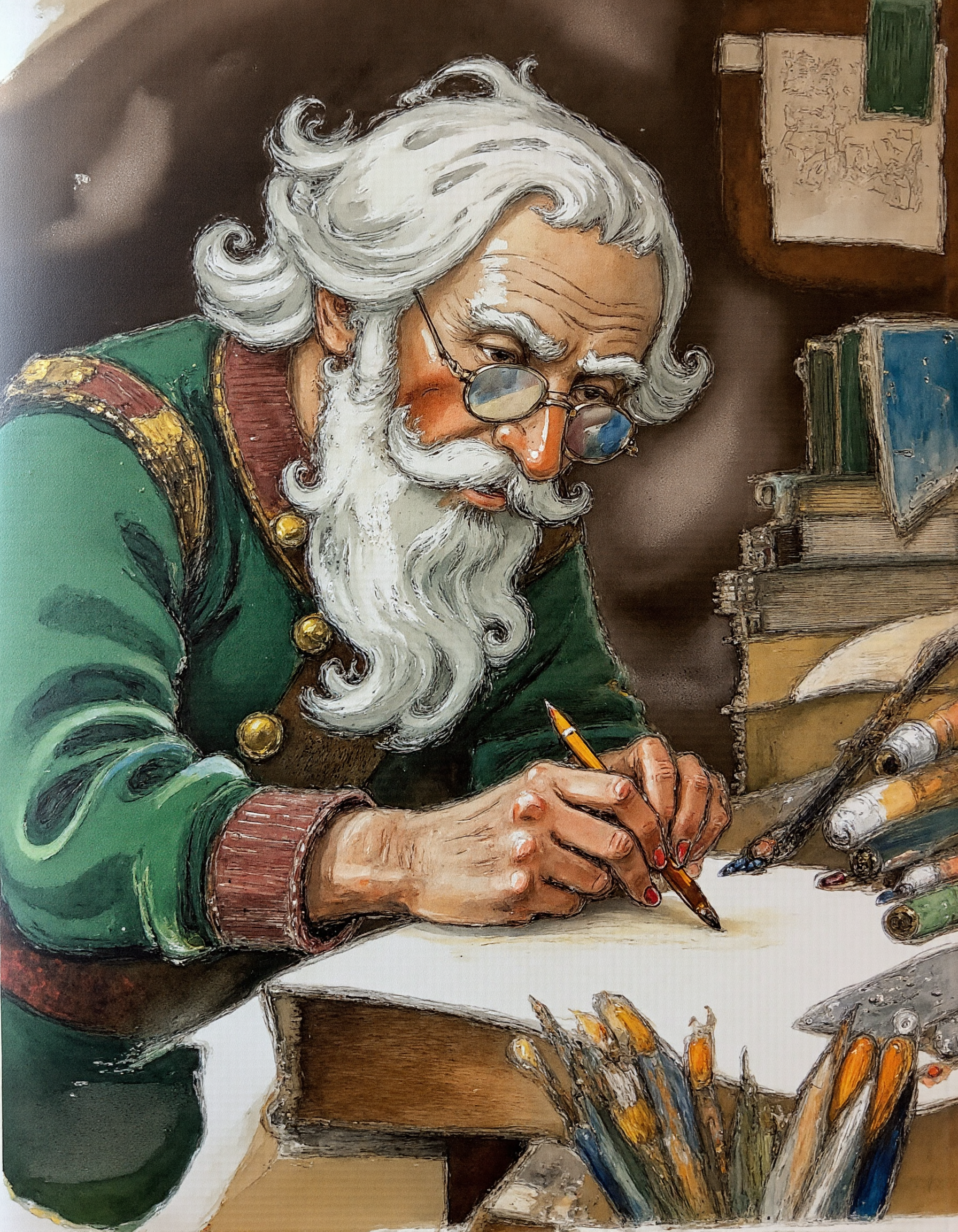 <lora:lv:1>, UHD, 8K, ultra detailed, a cinematic photograph of Rembrandt style, This is a detailed, hand-drawn illustration in a classic, whimsical style, reminiscent of early 20th-century children's book art captures an elderly man with a long, white beard and mustache, wearing large, round glasses and a green, long-sleeved shirt with a red collar. He is seated at a cluttered desk in what appears to be an artist's studio. The man is holding a pencil in his right hand, poised over a sheet of paper, suggesting he is either drawing or sketching. The background is filled with various artistic supplies and materials, including a stack of books, paintbrushes, and a variety of colored papers and canvases. . Baroque, chiaroscuro, realistic, emotional, "flat lighting, beautiful lighting, great composition