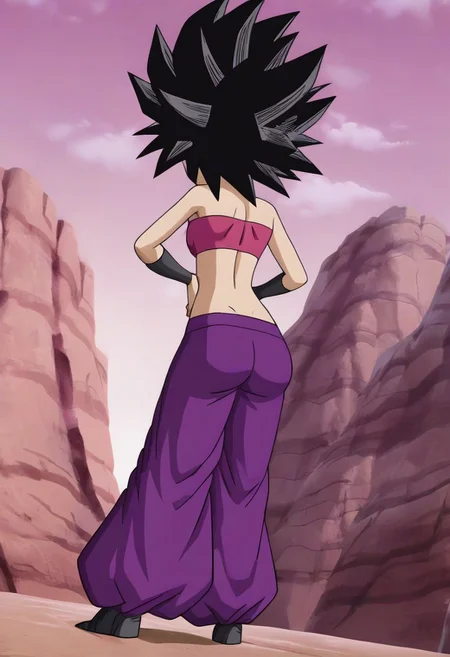 source_anime, score_9, score_8_up, score_7_up, anime screencap,
1girl, solo, looking at viewer, smile, black hair, closed mouth, black eyes, butt, butt focus, sky, day, blue sky, spiked hair, portrait, close-up, masterpiece, anime coloring, tube top, harem pants, caulifla, light skin, no pupils, from below
<lora:caulifla_pony_v1:0.8>