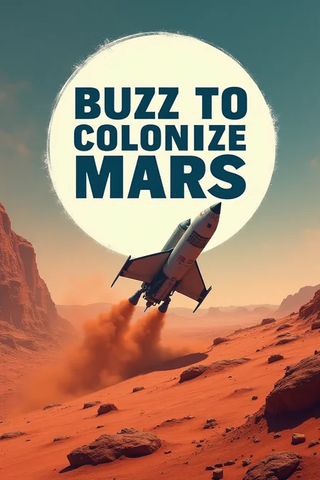 A bold, white text bubble, reading 'BUZZ TO COLONIZE MARS' in bold, blue font. A futuristic landscape of rusty red Martian terrain stretches out before us as a sleek rocket ship descends onto the barren ground, kicking up clouds of reddish dust and debris.