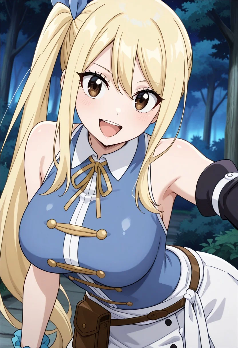 masterpiece, best quality, newest, anime screencap, 1girl, <lora:LucyHeartfiliaAvatartwo_Illu_Dwnsty:1>, lcyhrtavtrctwo, brown eyes, blonde hair, side ponytail, sidelocks, long hair, blue ribbon, hair ribbon, blue shirt, sleeveless shirt, collared shirt, yellow neck ribbon, scrunchie, single detached sleeve, black sleeve, white skirt, brown belt, belt pouch, white sash, perfect eyes, breast, shiny skin, expressive, smile, open mouth, looking at viewer, erotic pose, side view, forest, night, perfect anatomy