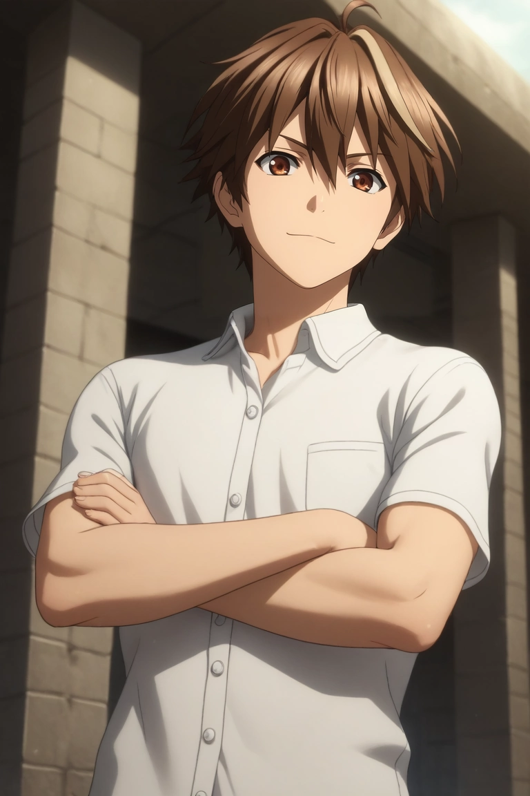 score_9, score_8_up, score_7_up, , rating_safe, intricate details, (3d:0.4), , depth of field, 1boy, solo, male focus, <lora:shuu_ouma_pony:0.82>, shuu_ouma, brown hair, brown eyes, short hair, ahoge, hair between eyes, from below, stonehenge, noon, crossed arms, smirk, button-up shirt,, <lora:sdxl_lightning_8step_lora:1>