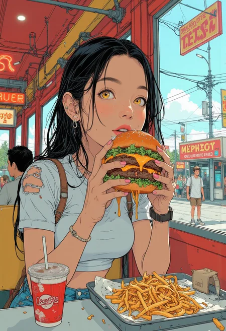 A stunning young woman with radiant skin and long, wavy dark brown hair sits at a window booth in a bustling fast-food restaurant. Her hazel eyes light up as she holds a juicy burger with layers of beef patties, melted cheese, crisp lettuce, and sauce dripping slightly. Her nails, painted a soft pastel pink, complement her casual yet stylish outfit—a white crop top, high-waisted ripped jeans, and white sneakers.
The restaurant features vibrant red-and-yellow decor, glowing neon signs, and the lively chatter of other diners. On the table is a tray with golden French fries in a red carton and a large soda cup glistening with condensation. Sunlight streams through the window, highlighting her relaxed expression as she takes a bite, savoring the simple pleasure of a delicious meal in an energetic setting.
<lora:Blue_Future:0.9> <lora:Flux.1_MechanicalBloom:0.5> <lora:gggee_epoch_5:0.7> <lora:ck-nc-luminal-genesis:0.9>
 <lora:dreadmirth-style-art:0.4> dreadmirthart