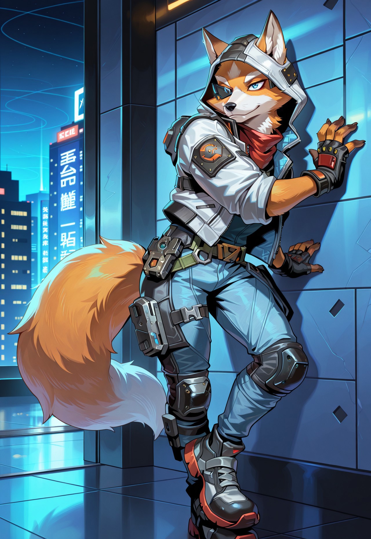 , safe_pos, best quality, amazing quality, very aesthetic, absurdres, newest, by mawfulme, BREAK
Furry fox, orange fox, male, fluffy tail, blue eyes, 
black nose, pointed ears like a wolf's, dead space and vantage apex legends style  clothes with hood, winter and black shades of the suit with white and blue elements, spaceship, solo, leaning against the wall, high quality eyes, high quality face, fox eyes (both eyes are visible, high eye quality)  , night, (high quality, high resolution, masterpiece), solo, anime work smiling, man, slender body, key visual, bright, studio anime,  triangular shaped ears like a wolf's, sneakers, jeans, hooded tactical jacket, fingerless gloves, knee pads and knee pads , high eye quality , fox fingers , 5 fingers, 2 eyes