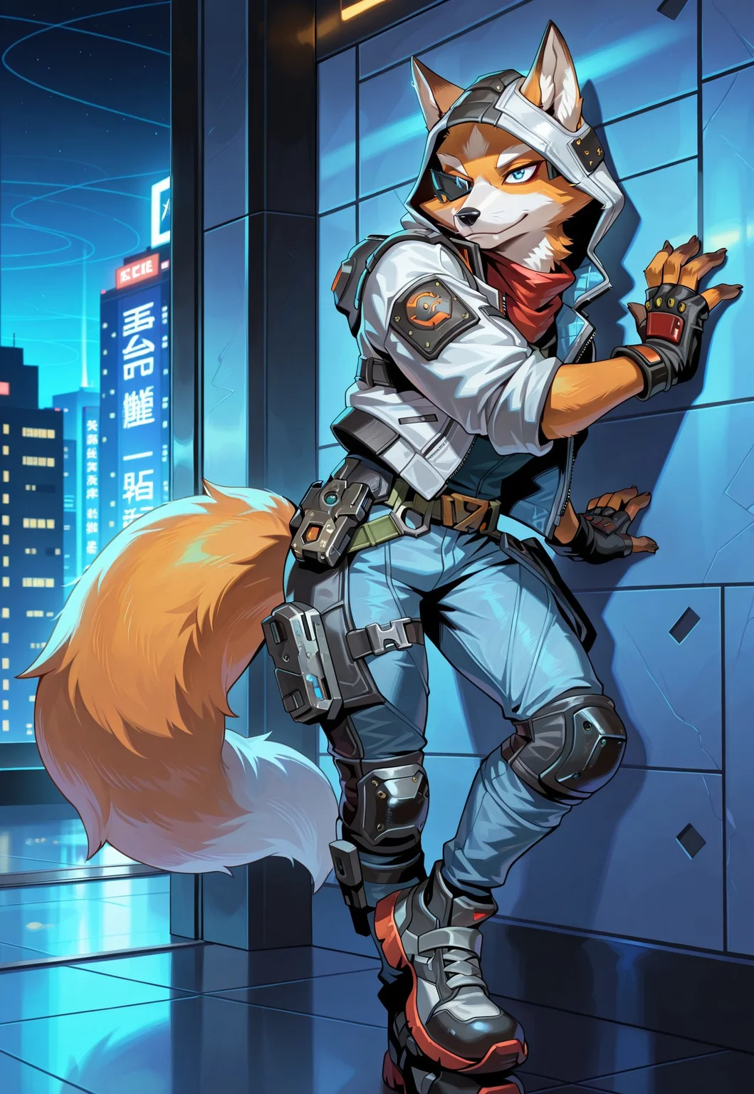 , safe_pos, best quality, amazing quality, very aesthetic, absurdres, newest, by mawfulme, BREAK
Furry fox, orange fox, male, fluffy tail, blue eyes,
black nose, pointed ears like a wolf's, dead space and vantage apex legends style clothes with hood, winter and black shades of the suit with white and blue elements, spaceship, solo, leaning against the wall, high quality eyes, high quality face, fox eyes (both eyes are visible, high eye quality) , night, (high quality, high resolution, masterpiece), solo, anime work smiling, man, slender body, key visual, bright, studio anime, triangular shaped ears like a wolf's, sneakers, jeans, hooded tactical jacket, fingerless gloves, knee pads and knee pads , high eye quality , fox fingers , 5 fingers, 2 eyes