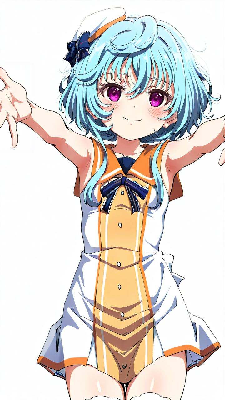 white_background,simple background,1girl,solo,full_shot,looking_at_viewer,<lora:Maryberry_Illustrious_v8:1>,Maryberry,Maryberry-idol,white_thighhighs,blush,anime screenshot,sincos,smile,armpits,reaching_out,spread_fingers,, masterpiece, best quality
