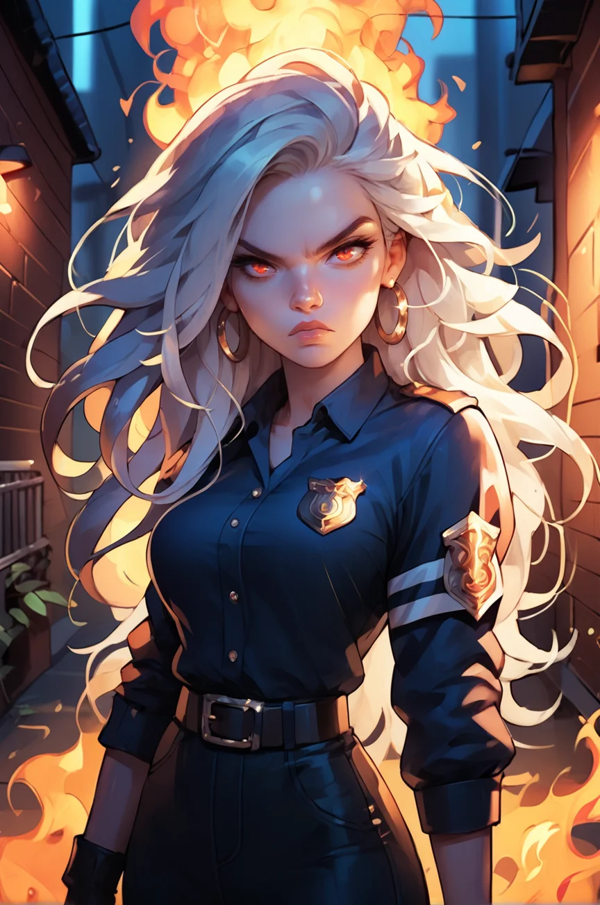 high quality, one girl, angry, fiery aura, beautiful appearance, white hair, long hair, red eyes, lush eyelashes, sexy body, policewoman, looking at viewer, in the alley <lora:43stl1ght1ngXLP2:0.5> <lora:alexchow:1> <lora:Fiery_Aura_for_Pony:0.9>, score_9, score_8_up, score_7_up