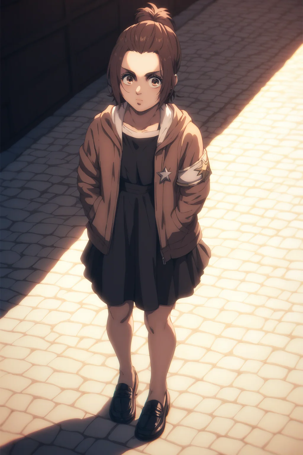 score_9, score_8_up, score_7_up, BREAK source_anime, <lora:gabi braun-PonyXL-lora-Faxtron:0.8> gabi braun, brown eyes, brown hair, single hair bun, black dress, jacket, dark loafers,