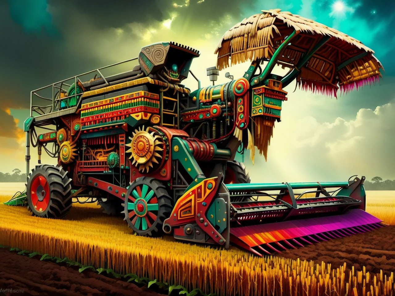 <lora:CulturePunkAI_1Pruned:.9> TotemPunkAI Maya combine harvester Highly detailed, amazing, Impressive lighting, vibrant colors, Ultra Realistic, High quality, Highly detailed, trending on artstation