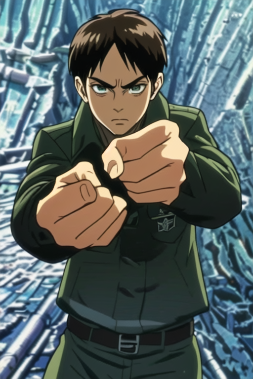 (masterpiece, top quality, best quality, realistic, beautiful and aesthetic:1.2) cowboy shot, upper body,closed mouth, frown,  looking at viewer, intense stare, black and yellow jacket, metropolitan city, crosswalk,  <lora:eren_yeager:1> EREN_YEAGER, BROWN HAIR,GREEN EYES, PARADIS MILITARY UNIFORM, brown jacket <lora:LCM_LoRA_Weights_SD15:1>