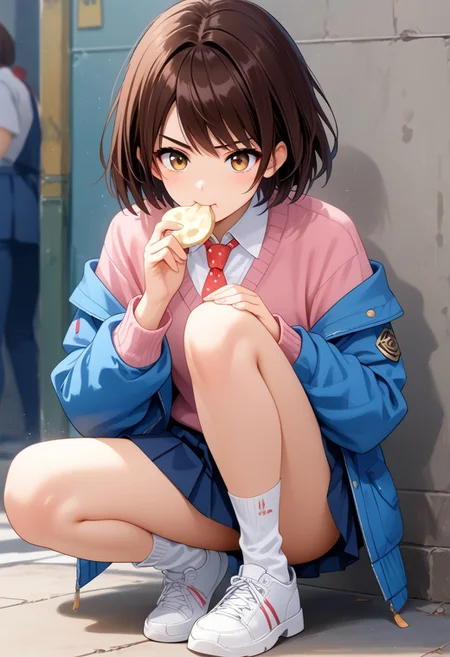 Action Scene, Action Pose, score_9, score_8_up, score_7_up, source_anime, masterpiece, best quality, highly detailed, Expressiveh, flushed, Leg,
1girl, hinase hotaru, (/A Condition Called Love)/, (ultra HD quality details), dark brown hair, short hair, (brown eyes)
shirt, collared shirt, white shirt, jacket, blue jacket, skirt, gray, skirt, pleated skirt, red necktie with white polka dot, sweater, pink sweater, socks, navy socks, white sneakers, eating steamed buns,