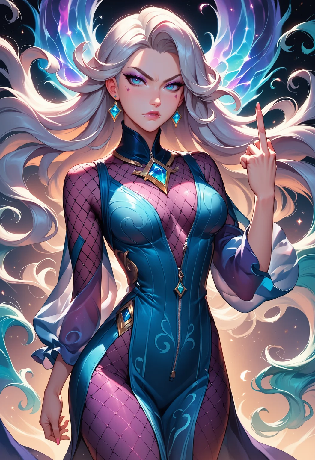 ethereal fantasy concept art of score_9, score_8_up, score_7_up, score_6_up, score_9, score_8_up, score_7_up, <lora:Outfit_soph-YDress-PDXL:0.7>, Janna (League of Legends) Silver Hair in Flowing Waves source_anime, dr3ss, mesh bodysuit, see-through, middle finger, angry, eyeliner, eyeshadow, makeup, ((lip liner)) kunzite color dress, zipper,<lora:Tweak_FaeTasticDetailer-SDXL:0.7>, pelvic curtain . magnificent, celestial, ethereal, painterly, epic, majestic, magical, fantasy art, cover art, dreamy