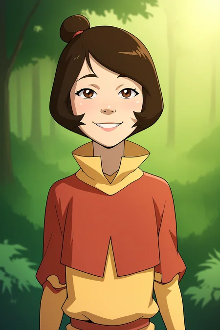 score_9, score_8_up, score_7_up, score_6_up, BREAK, JinoraAvatarPXL, 1girl, brown eyes, brown hair, short hair, single hair bun, flat chest, red capelet, yellow shirt, long sleeves, solo, front view, (portrair, upper body), solo focus, seductive smile, looking at viewer, forest <lora:JinoraAvatarPXL:1>