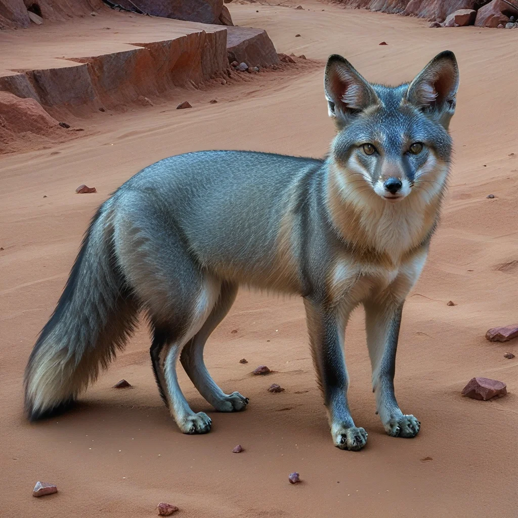 incredibly absurdres,solo,photorealistic,crabeatingfox,gray fur,gray face,thin,pointed face,multicolored fur,feral,detailed background,looking at viewer,outdoors,standing on ground,<lora:Foxes_-_Multiple_Species:1>,