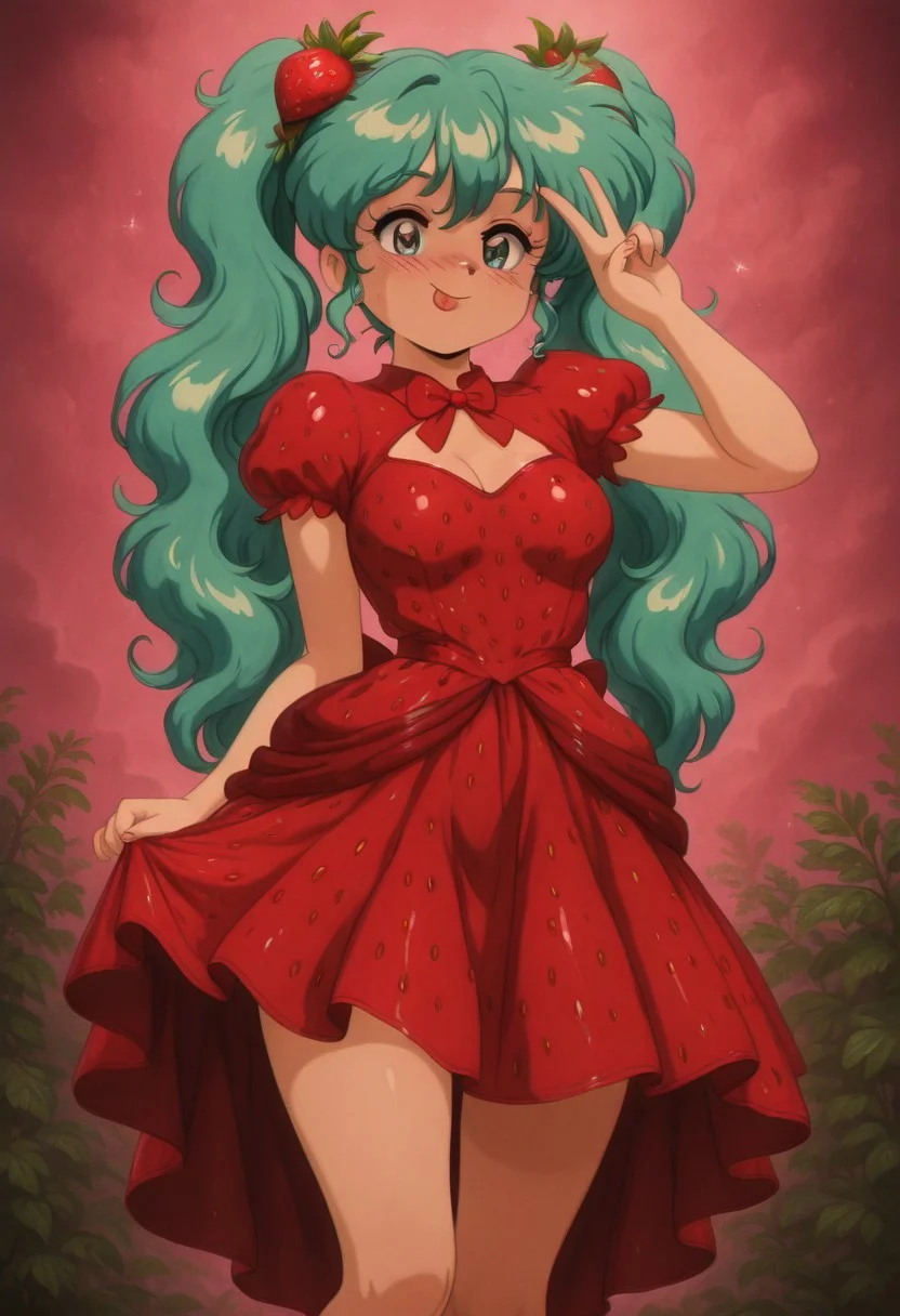 masterpiece, best quality,
1girl, solo, hatsune miku \(cosplay\), short twintails, wavy hair, smile, blush, retro artstyle, v, tongue, strbrry, red dress, strbrry dress,