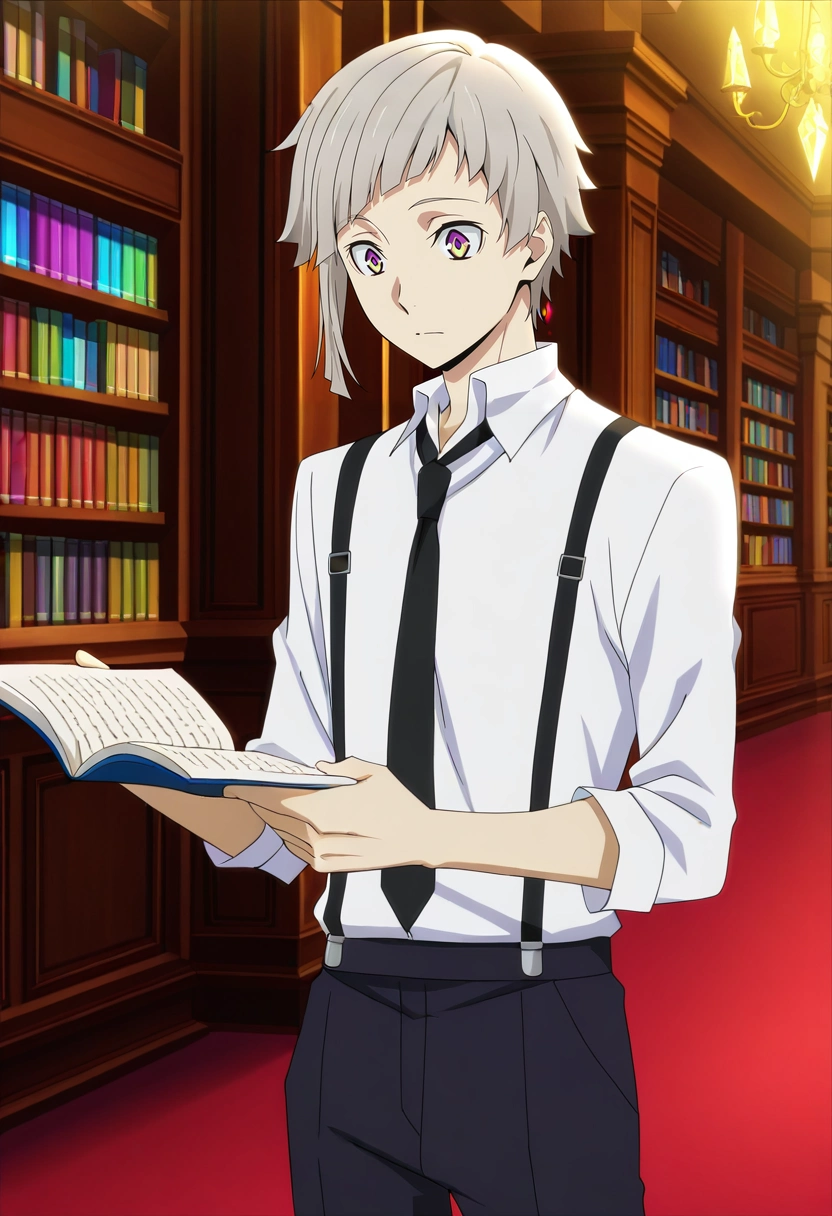 masterpiece, best quality, anime screencap, official style, anime coloring, cowboy shot, 1boy, solo, male focus, <lora:atsushi_nakajima_ilxl:0.92>, atsushi_nakajima, grey hair, yellow eyes, multicolored eyes, purple eyes, short hair, white shirt, collared shirt, suspenders, black necktie, crystal library, gem shelves, light reading rooms, study crystals, reading pose, absorbed expression, prismatic light, halloween costume