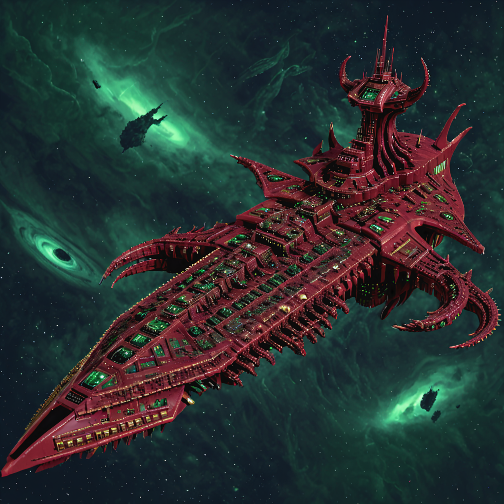 a red twisted demonic chaoswarfleet battleship with tentacles and many eyes in space, motion blur, explosions, maelstrom, nebula, asteroids, green lighting, eerie glow, horror theme, warped,