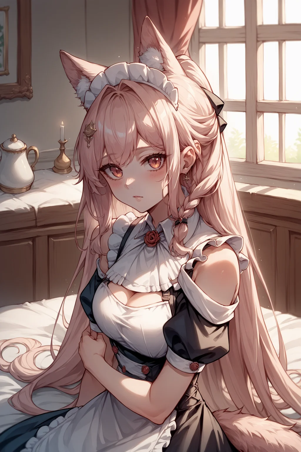 score_9, score_8_up, score_7_up, , rating_sensitive,nsfw,1girl ,pysd, animal ear fluff, side braid, wolf tail, hair ornament, hair ribbon, collar, white ascot, maid, maid headdress, leaning towards viewer, source_anime, <lora:PozyomkaPDCAMEv3 AK:1>, indoors, mansion,