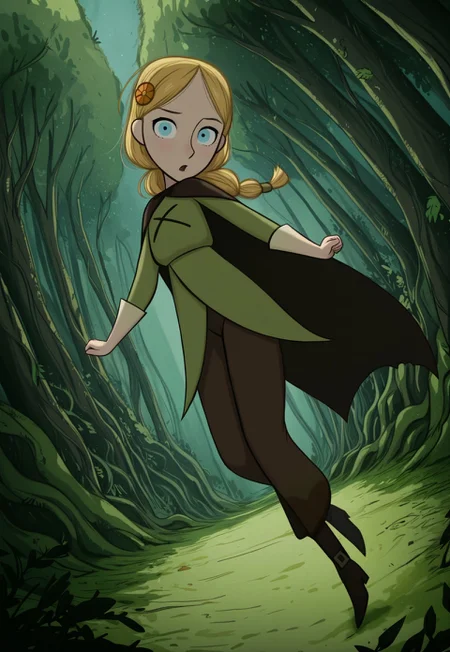 handsfree, masterpiece, best quality, amazing quality, very aesthetic, 1girl, solo, outdoors, forest, full body, looking at viewer, dynamic pose, dynamic angle,
robyn_hunter_braid, blue eyes, blonde hair, long hair, braid, hair ornament, cape,  green dress, brown pants, hair flower