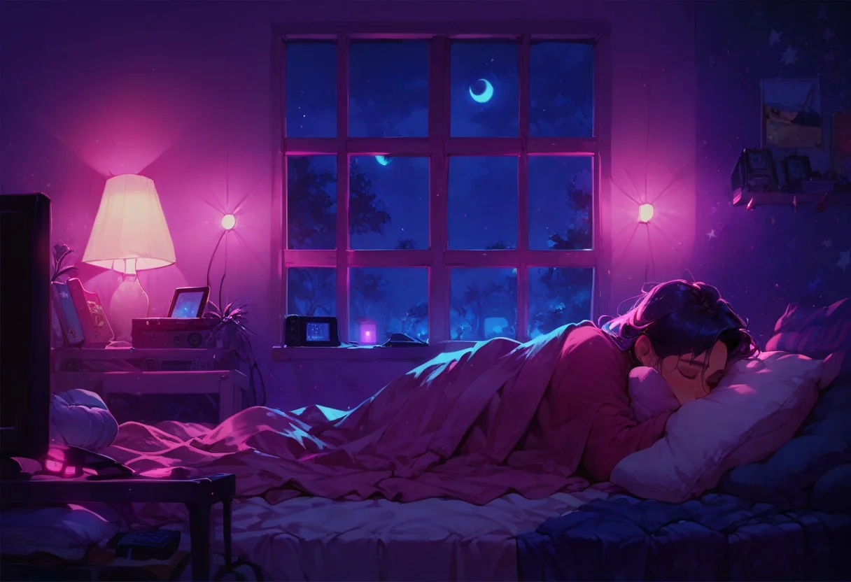 score_9, score_8_up, score_7_up, (((night time, pink lighting)), (blanket, pillow, tv, fan), (dark bedroom, window), (depth of field)