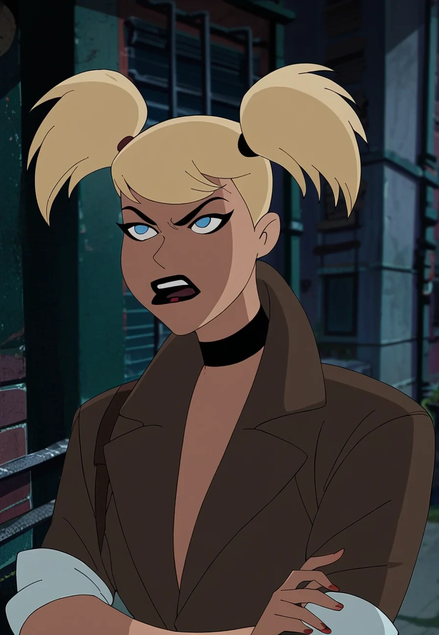 score_9_up, score_8_up, score_7_up, <lora:Harley_quinn_and_Poison_ivy_PDXL:1>, harley quinn, blonde hair, twintails, blue eyes, choker, open mouth, jacket, standing, annoyed, rolled up eyes, portrait, outdoors, best quality, high quality