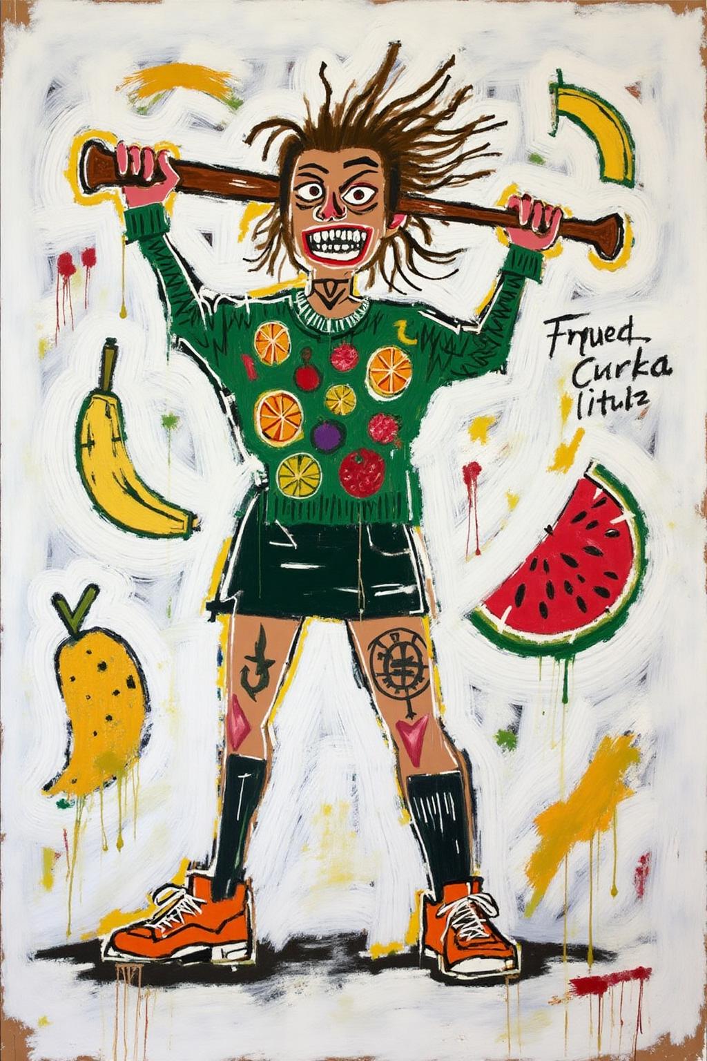 basquiat1 painting.
liquid splash, cartoonish juicy fruits chaos, dynamic pose, dynamic camera, a fashion shoot, an illustration of a woman threateningly holding a baseball bat in her hands, full body tattoo, wearing green short sweater, miniskirt, knee socks, orange sneakers, aggressive facial expression, wall with graffiti in the background,  
 <lora:basquiat1_cap_d6a3e11:1.0><lora:835164366744740304:0>