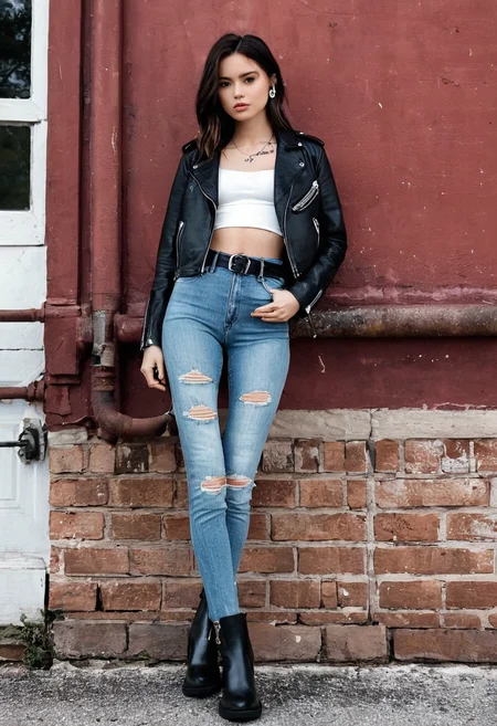 <lora:watson_cross:1>, very high detail, masterpiece, half turned, small breasts, watson cross, 1girl, 20yo, 20 yo, solo, full body,  perfect eyes, watson_cross, dark ash hair, haircut, collarbone, leather bodysuit , biker leather jacket,  old  jeans pants, white shirt with print, piercing, wide belt, watson cross, hands in pockets, outdoor, us southern state, small town, heavy biker boots, <lora:add-detail-xl:3>,  <lora:chest_adjust:-4>,  <lora:PerfectEyesXL:1>