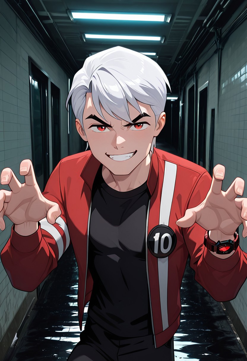 masterpiece, best quality, amazing quality, very aesthetic, absurdres, newest, detailed background,
solo, benuaf,  1boy, , open jacket, black shirt, long sleeves, thick eyebrows,  angry,, wide face, wide head, 
1boy, short hair,, white hair, red jacket, black pants, rred eyes, red watch, 
alleyway, upper body, emerging from darkness, fluid shadows, deep shadows, evil grin, spread hands, hands down, shrug pose, 
 re4lity_sync_illu, foreshortening, scenery, photo background