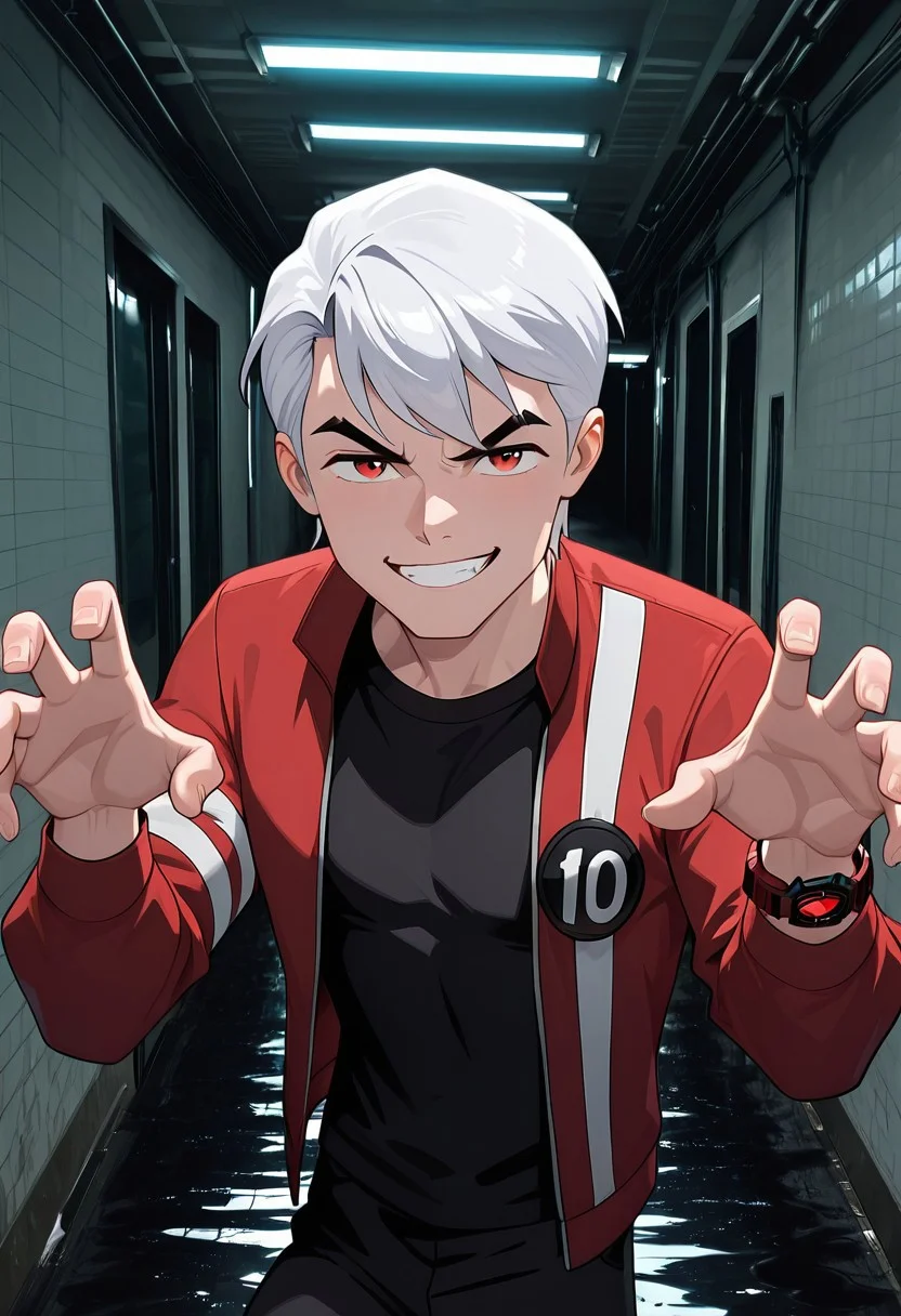 masterpiece, best quality, amazing quality, very aesthetic, absurdres, newest, detailed background,
solo, benuaf, 1boy, , open jacket, black shirt, long sleeves, thick eyebrows, angry,, wide face, wide head,
1boy, short hair,, white hair, red jacket, black pants, rred eyes, red watch,
alleyway, upper body, emerging from darkness, fluid shadows, deep shadows, evil grin, spread hands, hands down, shrug pose,
re4lity_sync_illu, foreshortening, scenery, photo background