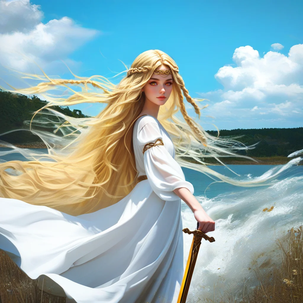 <lora:miqeulla:1>,miquella,blonde hair,crown braid,multiple braids,yellow eyes,white robe,gold armlet,circlet,holding sword,greatsword,claymore,long hair,messy hair,outdoors,sky,wind,flowing hair,, score_9, score_8_up, score_7_up, perfect anatomy, source_anime, zPDXL2,