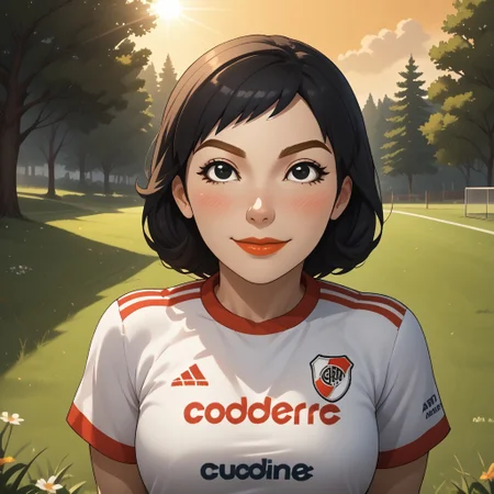 score_9, score_8, BREAK, solo, wii, mii, wii sports, 1girl, female mii, black eyes, black hair, brown eyebrows, lips, RiverPlate, striped shirt, striped, shirt, white shirt, short sleeves, clothes writing, sportswear, soccer uniform, white pants, shoes, nintendo mii, modern_mii, classic_mii, breasts, Misaki_(Wii_Sports), cute, blush, sexy pose, self portrait, smile, outdoors, sunlight, shadows, evening lighting, natural lighting, forest, trees, grass, orange sky, sunset