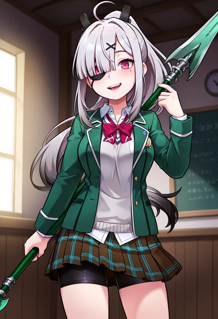 IllustriousQual <lora:StS-Illustrious-Detail-Slider-v1.0:2> <lora:cfg_scale_boost:0.3>,detailed_background,indoors,weapon,red bow,:o,very long hair,long hair,ahoge,jacket,shorts under skirt,eyes visible through hair,collared shirt,grey hair,green hair,:d,purple eyes,polearm,brown skirt,open mouth,virtual youtuber,black hair,school uniform,shirt,nijisanji,highres,izumo kasumi \(nijisanji\),blue bow,sweater vest,holding weapon,hair ornament,pleated skirt,green skirt,black shorts,shorts,bow,character request,holding polearm,mole,green jacket,hairclip,hair over one eye,hair between eyes,closed mouth,bike shorts,holding,ninahachi,parted lips,absurdres,smile,mole under eye,eyepatch,sukoya kana,white shirt,ponytail,skirt