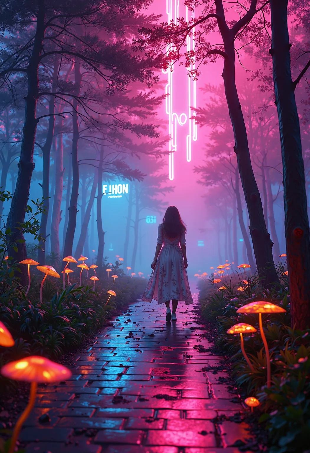 photorealistic, UHD, shot on a Sony A7III, realistic, hyper-realistic photography, soft lighting, heavy shadow. subsurface scattering, ray-tracing, volumetric lighting
Entire image in the color scheme of (ombre:1.5): neon pink, neon orange, neon purple, neon blue, white and black
mildly foggy enviroment.
A female walking through a forest made of (shiny:1.05) (reflective:1.15) (chrome:1.35) (metal_trees:1.6), the path she walks on are (made of glowing bricks,:1.15) small translucent holographic mushrooms on the ground dot the landscape. In the very far distance at the end of the path a gloomy flow like something burning awaits her discovery.
Her (neon and white colored:1.05) (full length:1.4) (lace dress:1.15) is a made from an array of (wires:1.25), (fiber optic glass filaments:1.15) and cords and that glow with neon bright lights. She wears (mary jane shoes:1.05) and (short white socks:1.05).
aesthetics feel like Alice in Wonderland meet Wizard of Oz