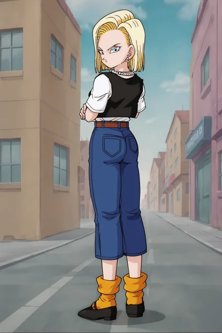 source_anime, score_9, score_8_up, score_7_up, anime screencap,
detailed face, android 18, cell saga, 1girl, solo, looking at viewer, short hair, blue eyes, blonde hair, city, street, standing, full body, hoop earrings, belt, looking back, from behind, shirt tucked in, white t-shirt, orange socks, short sleeves, socks, shoes, pearl necklace, pocket, high-waist pants, jeans, chain, black vest, crossed arms,
 <lora:c18_pony_v1:0.8>