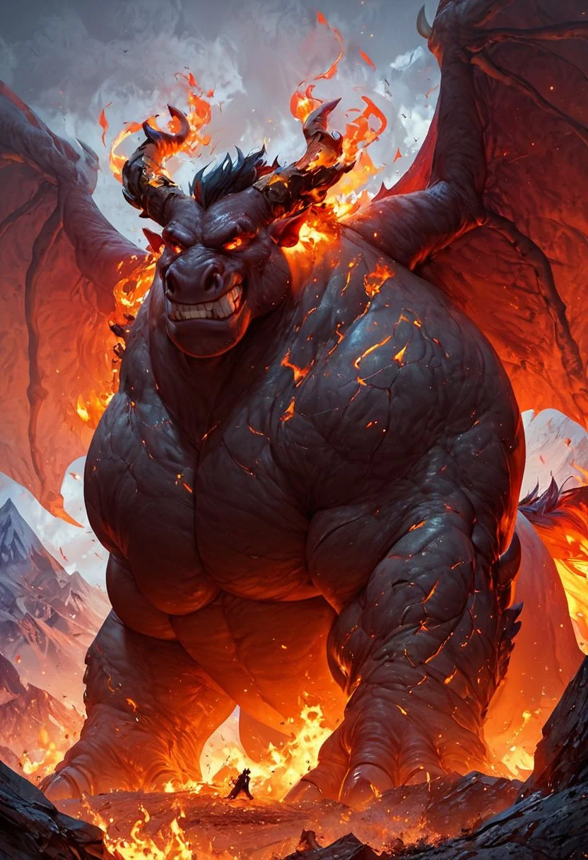 score_9, score_8_up, score_7_up, score_6_up, score_5_up, score_4_up, gigantic horse, teeth, horns, body surrounded by fire, skin like cracked magma flowing, long tail, wings, mountains, fire aura, fantasy, solo focus, epic